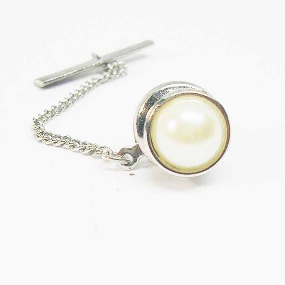 Vintage Tie Tack with Chain Faux Pearl classic Men Wedding Jewelry